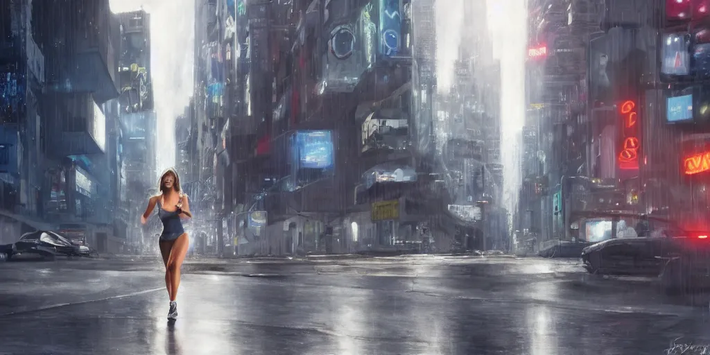 Prompt: ultra realistic painting of jessica alba in the 1 9 8 9 city of tacoma, wearing a wet white short dress, looking into the camera with a smirk while running in a cyberpunk city, art by ross draws, 4 k, ultra realistic, highly detailed, epic lighting