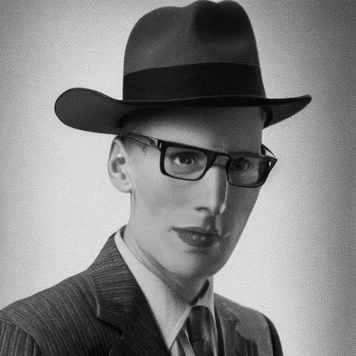 Image similar to A photograph portrait of Jerma985 wearing a suit with and fedora in the 1950s, taken in the early 1950s, grainy, taken on a 1950s Kodak Camera, realistic, hyperrealistic, very realistic, highly detailed, very detailed, extremely detailed, detailed, digital art, trending on artstation