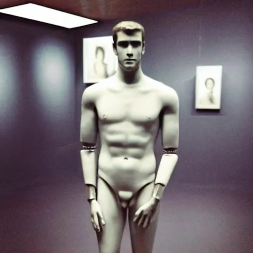 Image similar to “a realistic detailed photo of a guy who is an attractive humanoid who is half robot and half humanoid, who is a male android, actor Liam Hemsworth, shiny skin, posing like a statue, blank stare, at the museum, on display”