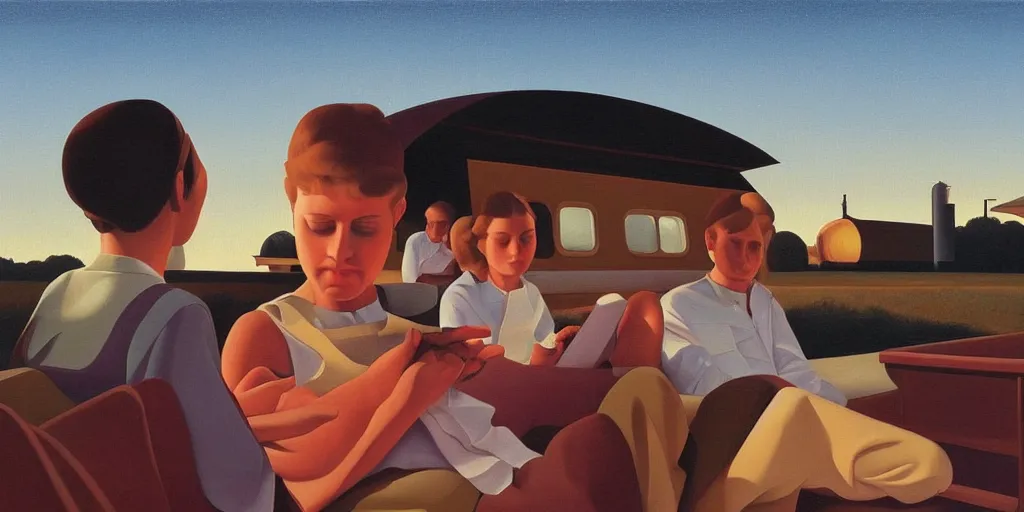 Prompt: sad in the train wagon, summer evening, kenton nelson