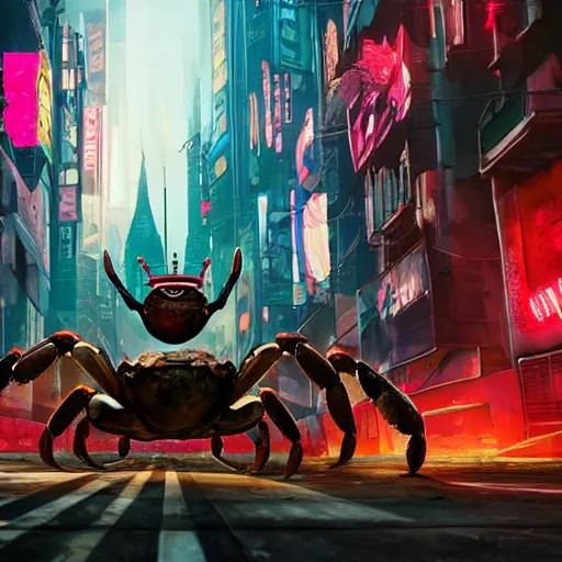 Image similar to a gigantic crab wears a crown roaming in a cyberpunk city, ultrarealistic