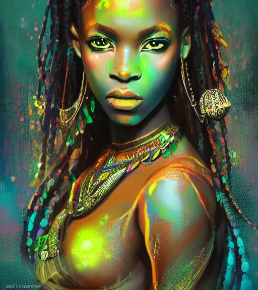 Image similar to beautiful intricate exquisite african princess realistic face, beautiful eyes, neon colors, drawing, in the style of greg rutkowski, fantasy, amazing detail, epic, intricate, elegant, smooth, sharp focus