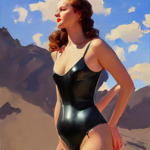 Image similar to greg manchess portrait painting of addison rae wearing a latex suit, medium shot, organic painting, sunny day, matte painting, bold shapes, hard edges, street art, trending on artstation, by huang guangjian and gil elvgren and sachin teng