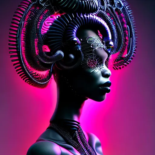 Image similar to portrait of an absurdly beautiful, graceful, sophisticated, fashionable black cyberpunk mechanoid gravure idol, hyperdetailed illustration by irakli nadar, maria borges, matt wisniewski style, intricate linework, dark black skin, neon jellyfish headdress, ivory carved ruff, unreal engine 5 highly rendered, global illumination, radiant light, detailed and intricate environment