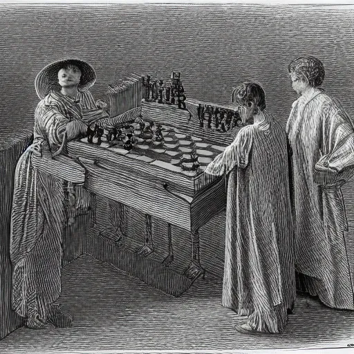 Image similar to an ancient machine, artificial intelligence chess machine, 1914 , in the style of Gustave Doré and Hito Steyerl, 35mm film