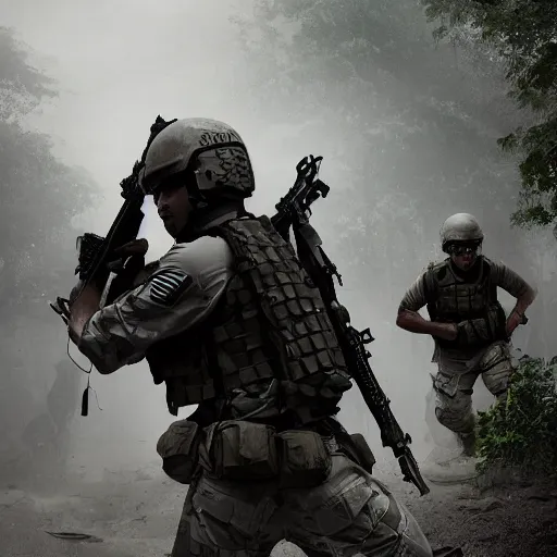 Image similar to Mercenary Special Forces soldiers in light grey uniforms with black armored vest and helmet launching an ambush attack on insurgents in the jungles of Tanoa, combat photography by Feng Zhu, highly detailed, excellent composition, cinematic concept art, dramatic lighting, trending on ArtStation