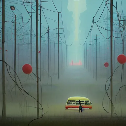 Prompt: simon stalenhag, bananas in pajamas, foggy, horror