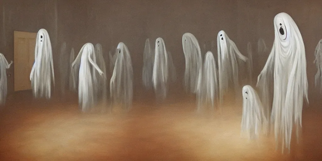 Image similar to surreal painting of ghosts in a room