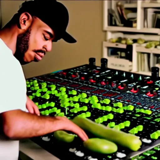 Prompt: film still of bipedal fresh produce making beats on an mpc