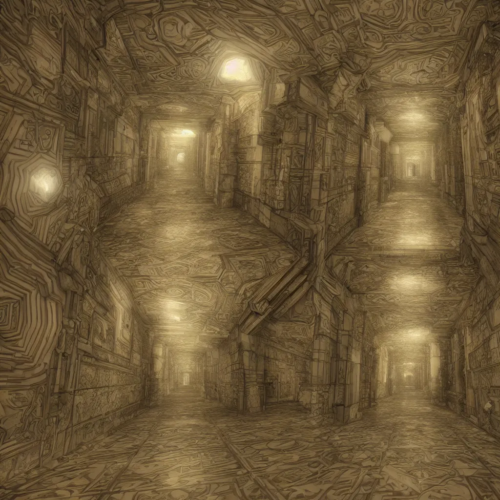 Image similar to a hyper surface hallway with mc escher style, highly detailed, 4 k, unreal engine, volumetric lightning, mist, golden goddess athena