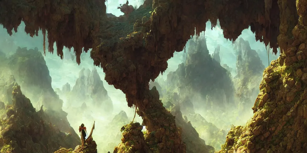 Image similar to huge cave ceiling towns, villages castles buildings bytopia planescape clouds made of green earth inverted upsidedown mountain surreal artstation illustration sharp focus sunlit vista painted by ruan jia raymond swanland lawrence alma tadema zdzislaw beksinski norman rockwell tom lovell alex malveda greg staples