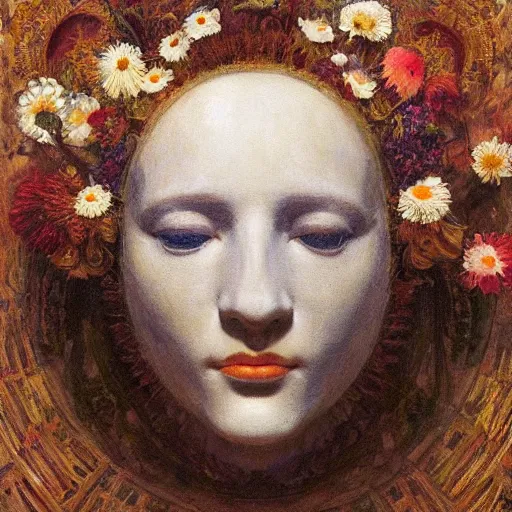 Prompt: masterpiece painting of a facemask made of flowers, by annie swynnerton and jean delville and tino rodriguez, flower mask, symbolist, dramatic lighting, god rays, elaborate geometric ornament, soft cool colors, smooth, sharp focus, extremely detailed