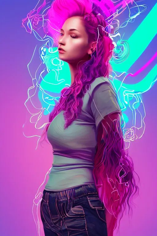 Image similar to a award winning half body portrait of a beautiful woman with stunning eyes in a croptop and cargo pants with ombre purple pink teal hairstyle and hands in pockets by thomas danthony, surrounded by whirling illuminated lines, outrun, vaporware, shaded flat illustration, digital art, trending on artstation, highly detailed, fine detail, intricate