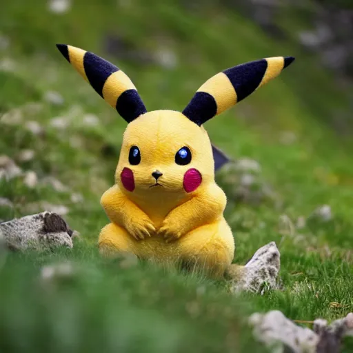 Prompt: took this pic of a wild pikachu while hiking in the alps #nature