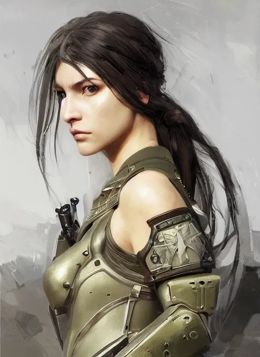 Image similar to a professional painting of a beautiful young female, clothed in military armor, olive skin, long dark hair, beautiful bone structure, symmetrical facial features, intricate, elegant, digital painting, concept art, smooth, sharp focus, illustration, from Metal Gear, by Ruan Jia and Mandy Jurgens and Artgerm and William-Adolphe Bouguerea