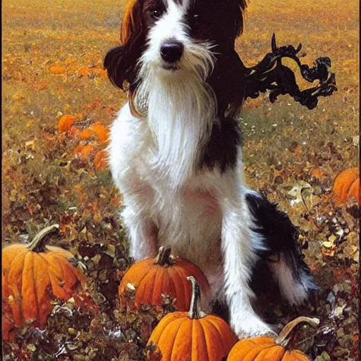 Image similar to a very cute scruffy long haired jack russell terrier puppy, white with brown spots and a brown patch over each eye, amidst piles of pumpkins. halloween autumn fall art. beautiful painting by alphonse mucha and artgerm and greg rutkowski