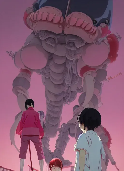 Image similar to Artwork by James Jean, Phil noto and hiyao Miyazaki; a young Japanese future samurai police girl named Yoshimi battles an enormous looming evil natured carnivorous pink robot on the streets of Tokyo; Japanese shops and neon signage; crowds of people running; Art work by studio ghibli, Phil noto and James Jean