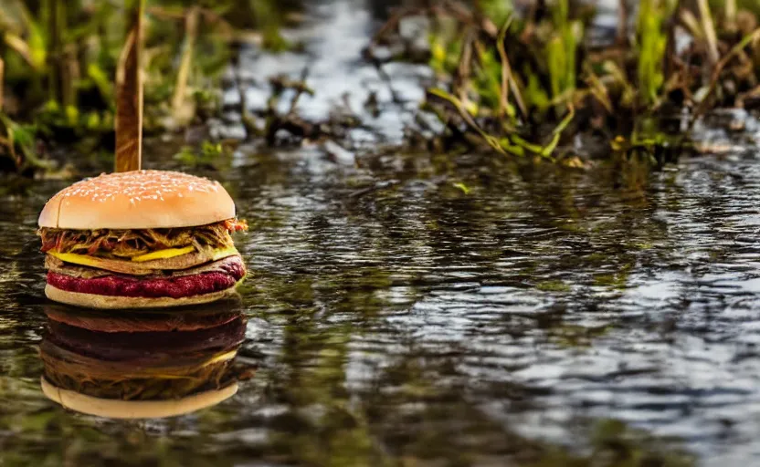 Prompt: a hamburger in a swamp, product photography