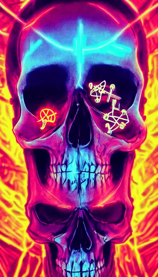 Prompt: a colorful skull with a cross on it's forehead, cyberpunk art by stanley twardowicz, cgsociety, computer art, neon, wallpaper, glowing neon