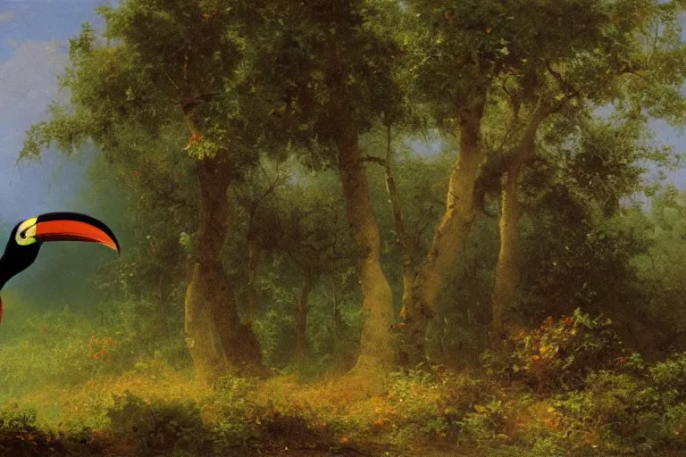 Prompt: Albert Bierstadt painting of a toucan in the wild