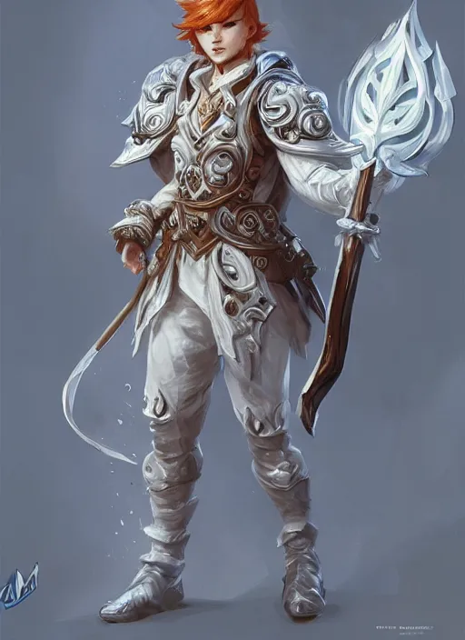 Image similar to a highly detailed illustration of short ginger haired man wearing white suit, heroic wielding ornate mechanical cane pose, intricate, elegant, highly detailed, centered, digital painting, artstation, concept art, smooth, sharp focus, league of legends concept art, WLOP