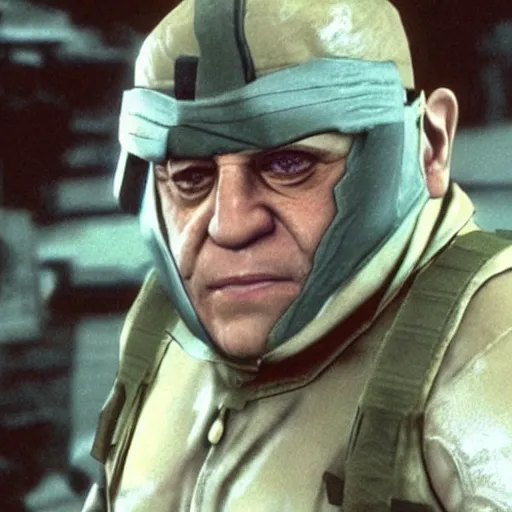 Image similar to Danny Devito as solid snake in metal gear solid, Playstation 1 graphics