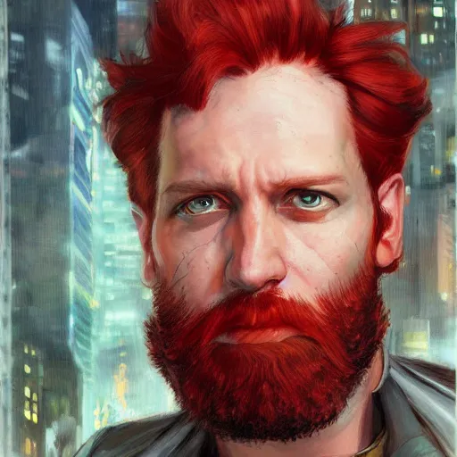 Image similar to a cyberpunk citizen with red hair and a beard, sci fi character portrait by Michael Garmash, Donato Giancola