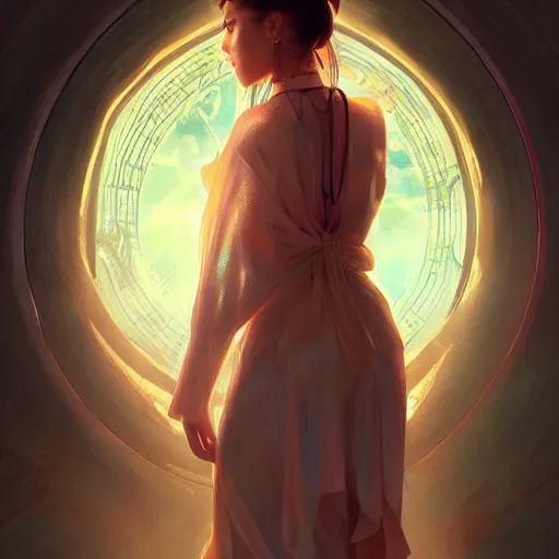 Image similar to asian sun goddess wearing modern clothing, sundress, ponytails, slice of life, modern instagram influencer, highly detailed, digital painting, artstation, concept art, sharp focus, illustration, cinematic lighting, art by artgerm and greg rutkowski and alphonse mucha