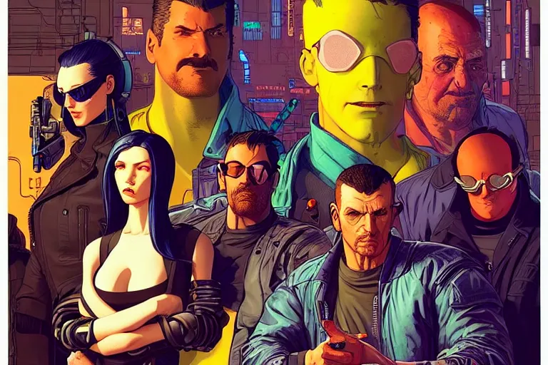 Image similar to cyberpunk heist crew. portrait by stonehouse and mœbius and will eisner and gil elvgren and pixar. character design. realistic proportions. dystopian. cyberpunk 2 0 7 7 character art, blade runner 2 0 4 9 concept art. cel shading. attractive face. thick lines. the team. diverse characters.