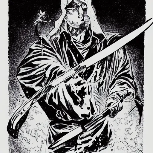 Image similar to pen and ink!!!! attractive 22 year old deus ex Frank Zappa x Ryan Gosling golden!!!! Vagabond!!!! floating magic swordsman!!!! glides through a beautiful battlefield magic the gathering dramatic esoteric!!!!!! pen and ink!!!!! illustrated in high detail!!!!!!!! by Hiroya Oku!!!!!!!!! Written by Wes Anderson graphic novel published on Cartoon Network MTG!!! 2049 award winning!!!! full body portrait!!!!! action exposition manga panel