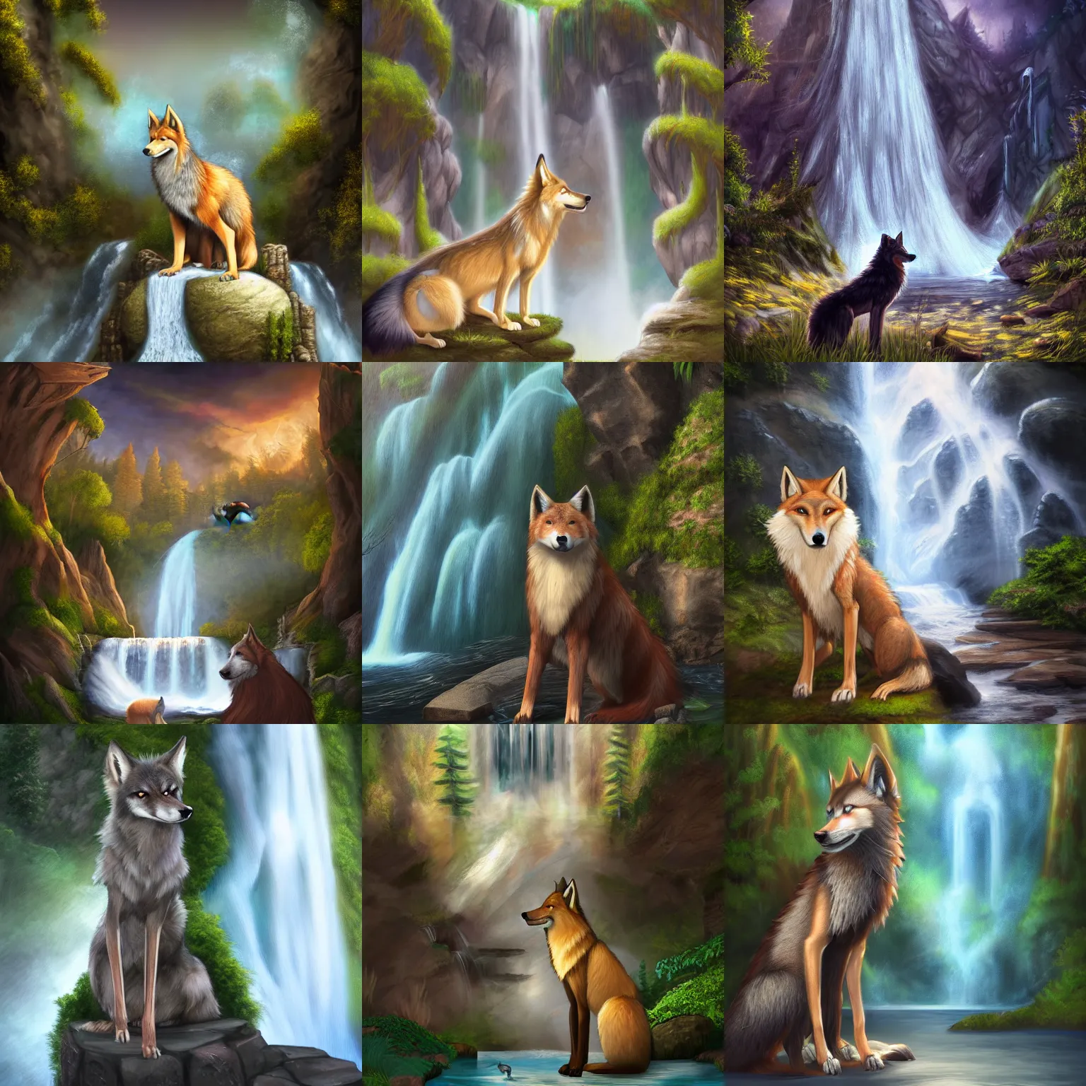 Prompt: fantasy art of a noble werefox standing in front of a waterfall, photorealistic, Hibbary, Dark Natasha, Goldenwolf, FurAffinity