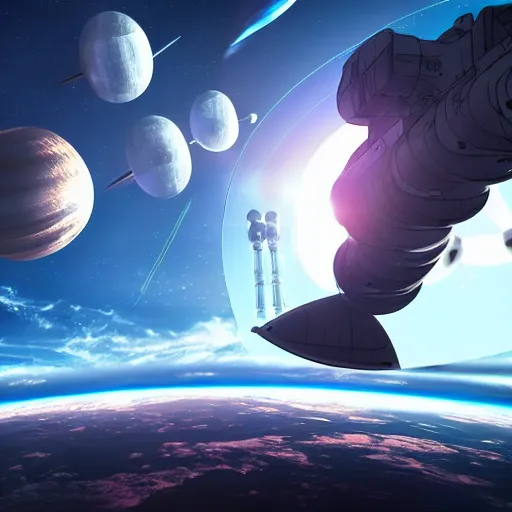 Prompt: a high resolution 8 k award winning photo of a giant anime robot with rounded and circular parts walking towards a spaceship, in the background is a spaceport with spaceships taking off and landing