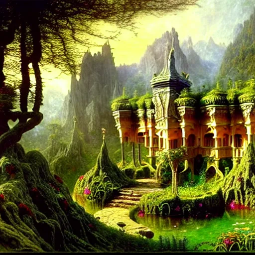 Image similar to a beautiful and highly detailed matte painting of an dwarf garden palace in a breath taking forest in a deep valley in the beautiful mountains of avalon, intricate details, epic scale, insanely complex, 8 k, sharp focus, hyperrealism, very realistic, by caspar friedrich, albert bierstadt, james gurney, brian froud,