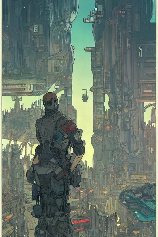 Prompt: comic book illustration, solitary android looking out over a vast city, bleak, vibrant color, cyberpunk concept art by Moebius and Alphonse Mucha, highly detailed, intricate, sci-fi, sharp focus, Trending on Artstation HQ, deviantart