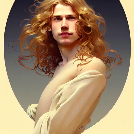 Image similar to A pregnant pale blond young man with closed eyes smiling, very detailed face, long fluffy curly blond hair, light blond hair, gorgeous, beautiful, intricate, highly detailed, digital painting, artstation, concept art, sharp focus, illustration, art by greg rutkowski and alphonse mucha