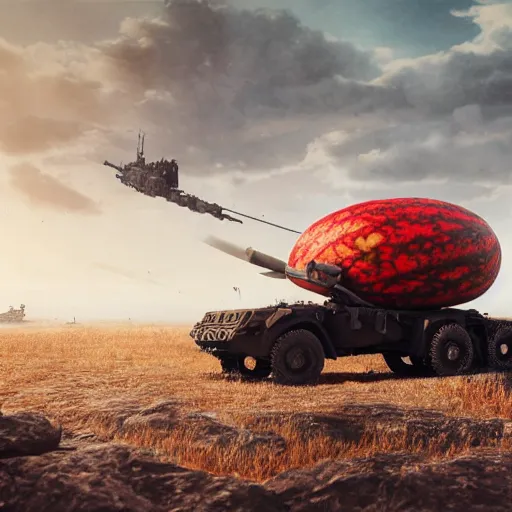 Prompt: Very very very very highly detailed Watermelon as military vehicle with epic weapons, on a battlefield in russian city as background. Less Watermelon a lot more military vehicle, Photorealistic Concept digital art in style of Caspar David Friedrich, super rendered in Octane Render, epic dimensional light