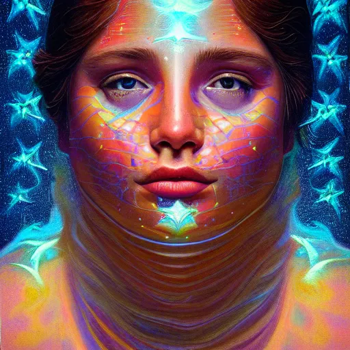 Prompt: intricate five star ethereal spirit emitting vapor facial portrait by casey weldon, oil on canvas, hdr, high detail, photo realistic, hyperrealism, matte finish, high contrast, 3 d depth, centered, masterpiece, vivid and vibrant colors, enhanced light effect, enhanced eye detail, artstationhd