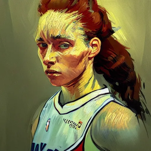 Image similar to painting of an woman basketball player, a van gogh style, greg rutkowski, jared chavez artstation