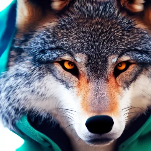 Image similar to key anime visual portrait closeup of a handsome male anthro wolf furry fursona with beautiful eyes, wearing a hoodie, official modern animation