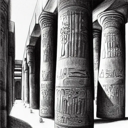 Prompt: The Great Hypostyle Hall of Karnak. detailed charcoal sketch.