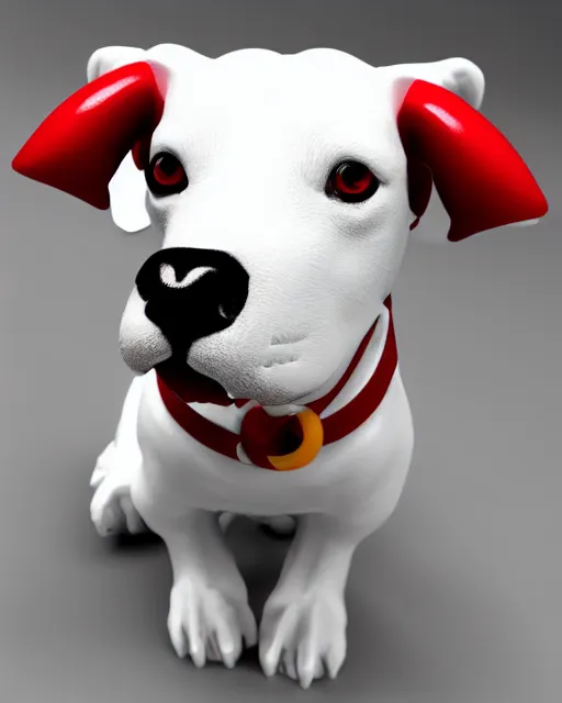 Prompt: 3d toy cute model of white bull terrier with red bullseye around left eye artistic ad campaign Portrait photo Leica Zeiss