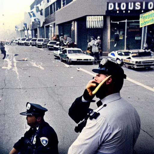 Prompt: selfie of a cop eating a donut with a riot taking place behind him, los angeles 1 9 9 2,