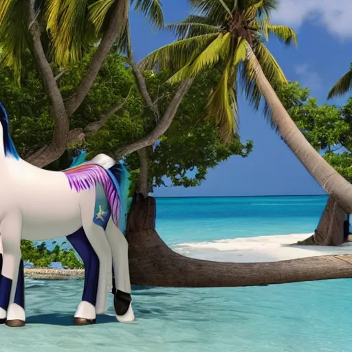 Prompt: a cartoon horse got on a plane and went to the maldives