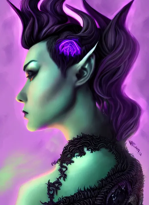 Image similar to side portrait dark queen, witch outfit large cloak, fantasy forest landscape, dragon scales, fantasy magic, undercut hairstyle, short purple black fade hair!!!!!!, dark light night, intricate, elegant, sharp focus, illustration, highly detailed!!!!!!!, digital painting, concept art, green neon smoke, matte painting, art by WLOP and Artgerm and Greg Rutkowski and Alphonse Mucha, masterpiece