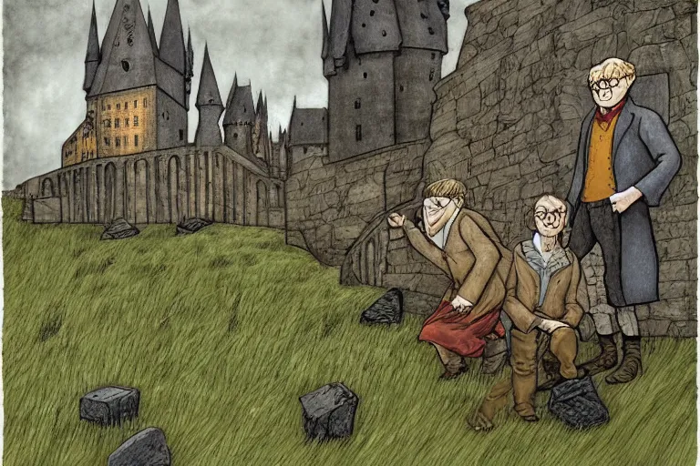 Prompt: Harry Potter portrait by Anton Pieck, Chris LaBrooy, David Hockney, dark background, grassy stones