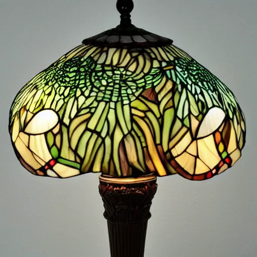 Prompt: beautifully detailed victorian art nouveau mushroom shaped tiffany lampshade, river reeds duckweeds close up abstractb mallard feathers, mucha tiffany kilian eng