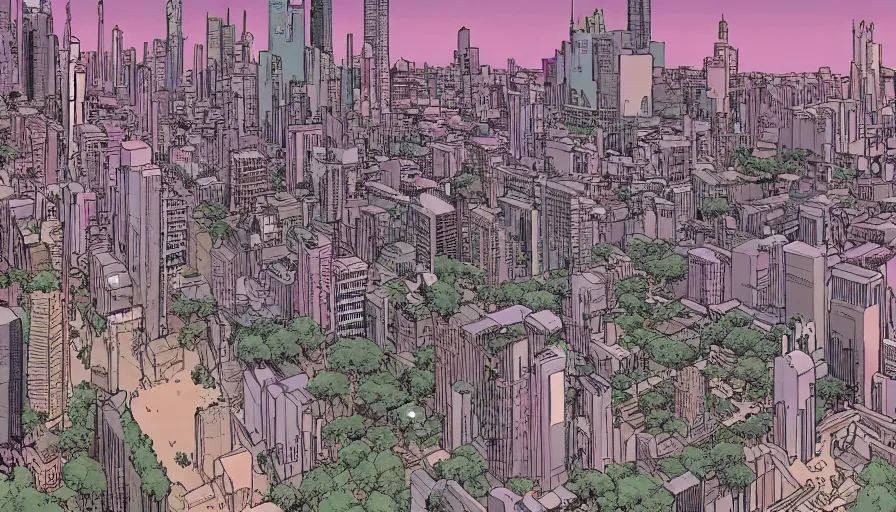 Prompt: ligne claire art of a future city intertwined with nature, street-level view, by Moebius, Eisner award-winning spread