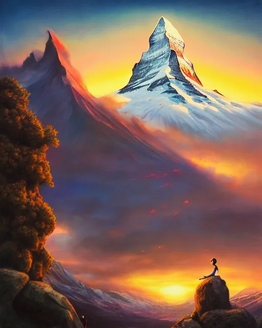 Prompt: the matterhorn, sunset, hyper realistic, artstation, illustration, nicoletta ceccoli, mark ryden, lostfish, dan decarlo, bob clampett, max fleischer, digital paint, matte paint, vivid colors, detailed and intricate environment