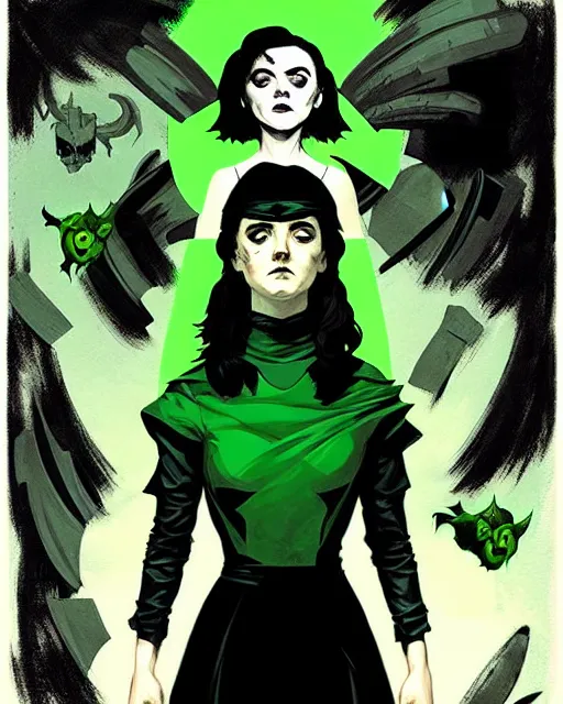 Image similar to rafael albuquerque comic art, peter mohrbacher, steve niles, phil noto, artgerm, pretty evil maisie williams witch, black and green dress, symmetrical eyes