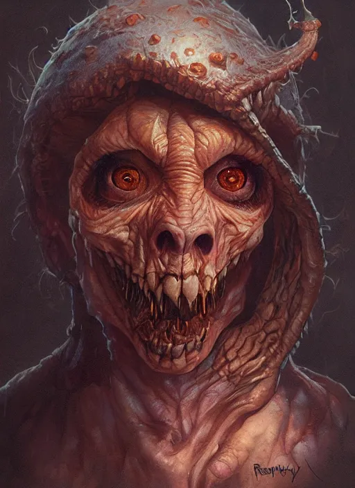 Image similar to highly detailed portrait of pumpkinhead, realistic, horror, fantasy art by greg rutkowski, stanley artgerm, loish, rhads, tom bagshaw, global illumination, radiant light, detailed and intricate environment